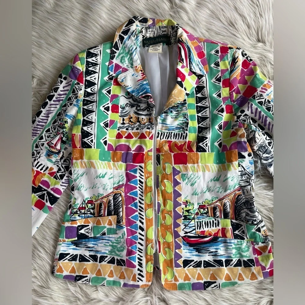 HARVE BENARD by BENARD HOLTZMAN Multi Prints Zip Blazer Jacket 10 Long Sleeves
